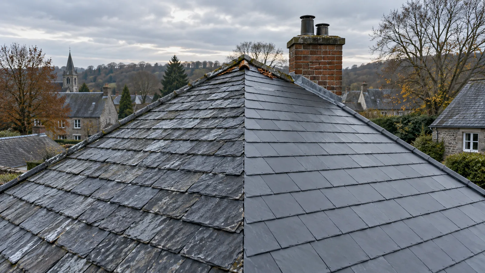 Toiture partagée entre ardoises naturelles gris-bleu et ardoises artificielles uniformes