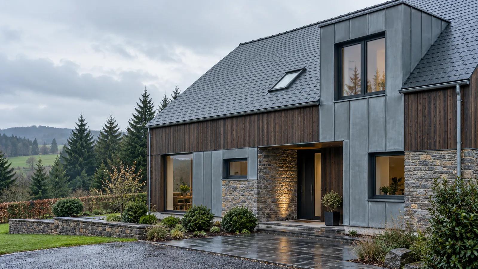 Façade ardennaise avec bardage mixte en bois sombre et en zinc