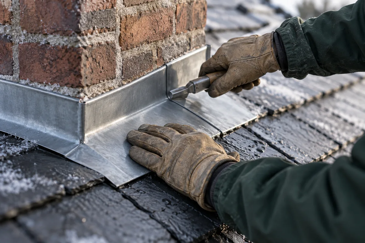 Mains gantées pliant un solin de zinc neuf au pied d'une cheminée