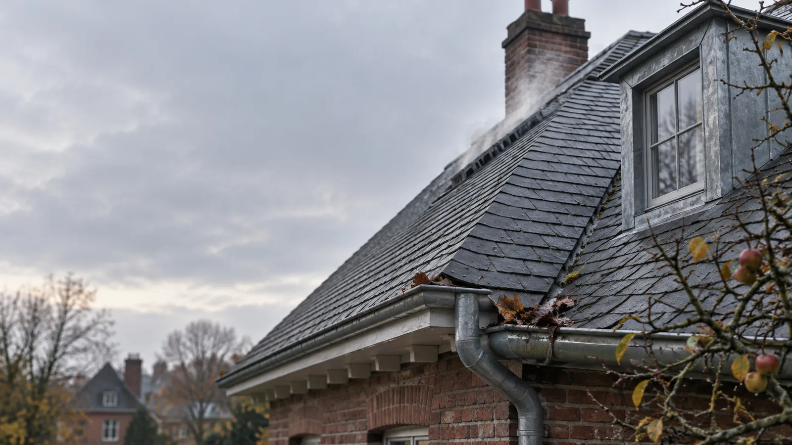 Toiture d'ardoises d'une maison ancienne dégageant de la buée sous un ciel d'automne