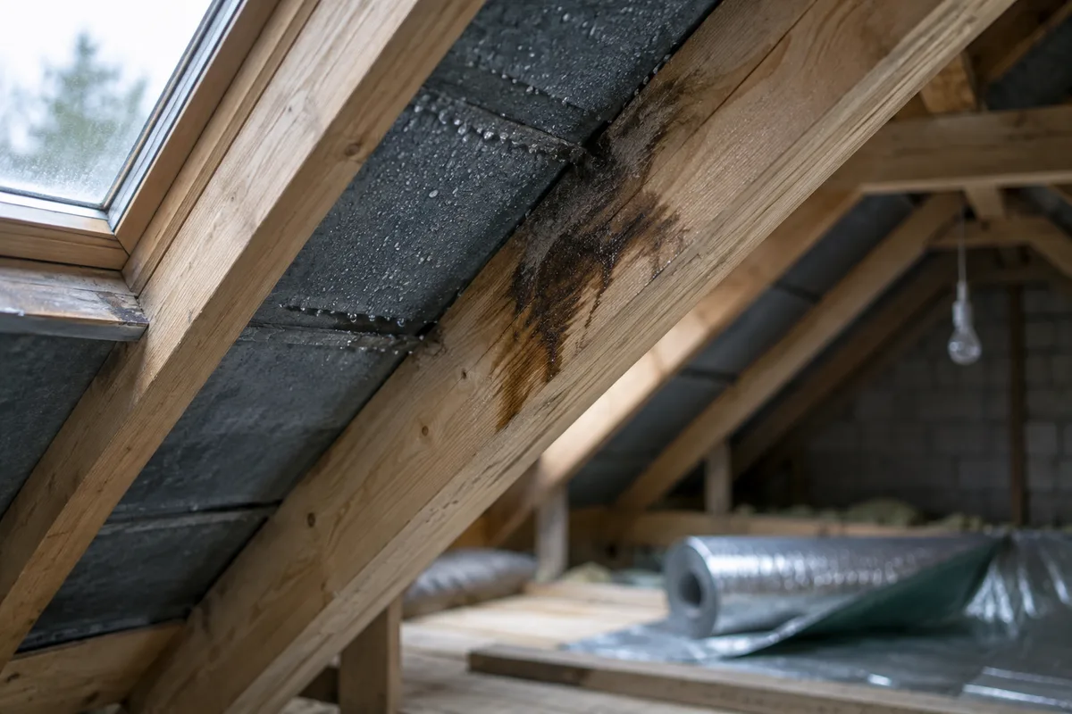 Gouttelettes de condensation sur la sous-face d'ardoises dans un comble en bois