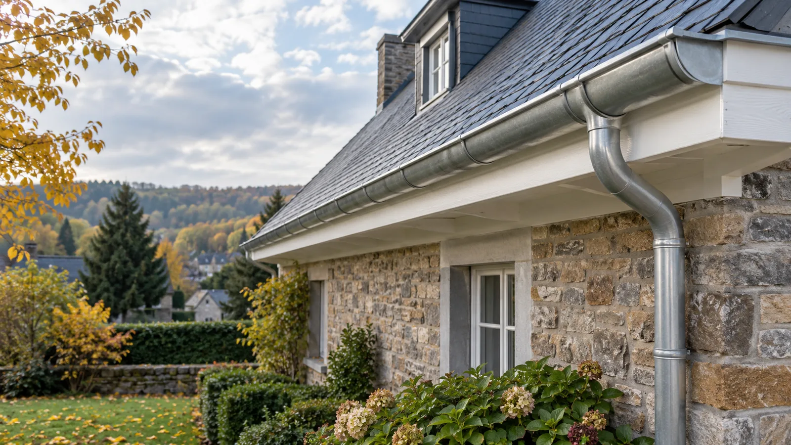 Corniche en bois remplacée et gouttière demi-ronde en zinc neuve sur une maison en pierre