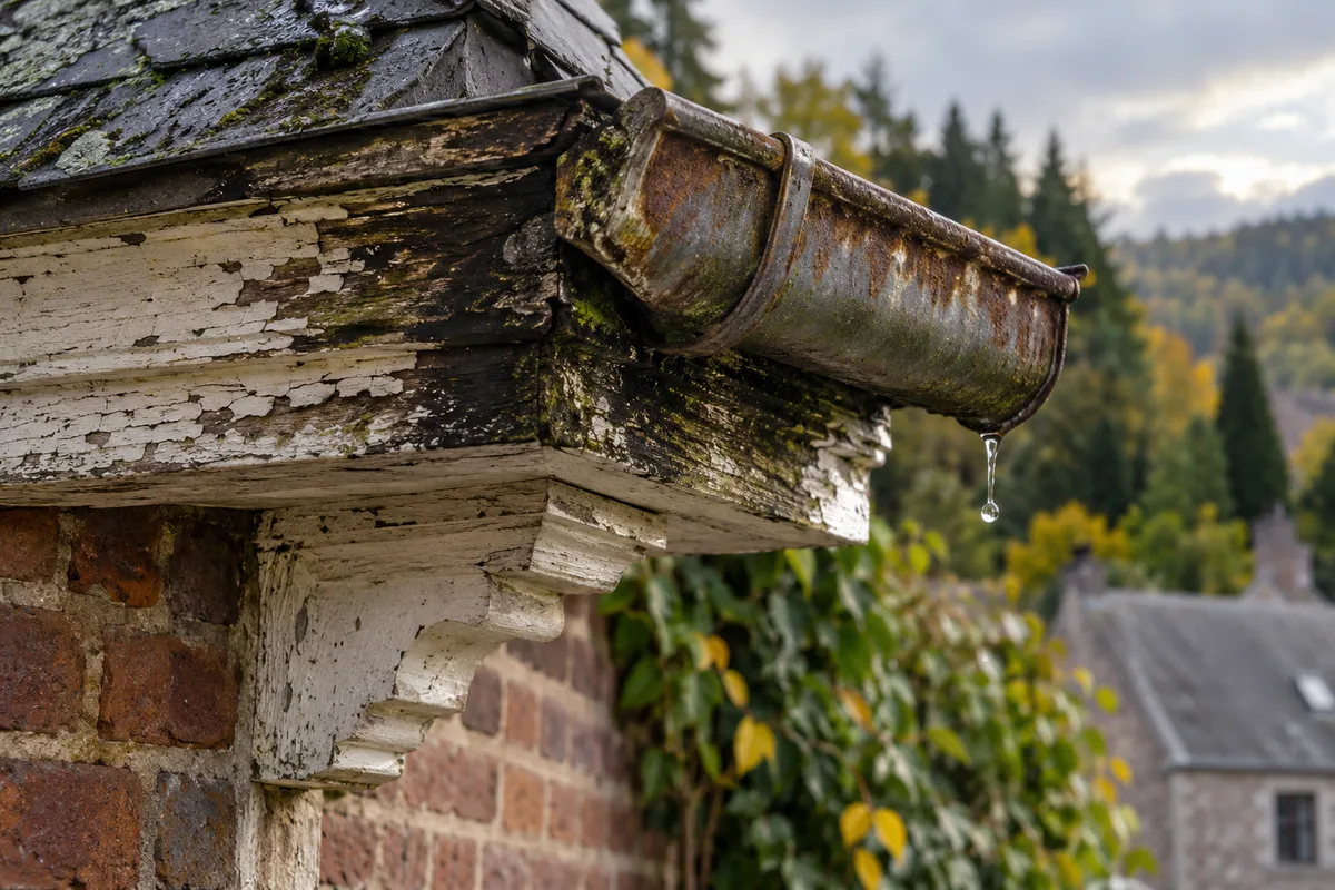 Ancienne corniche en bois abîmée et gouttière rouillée qui goutte