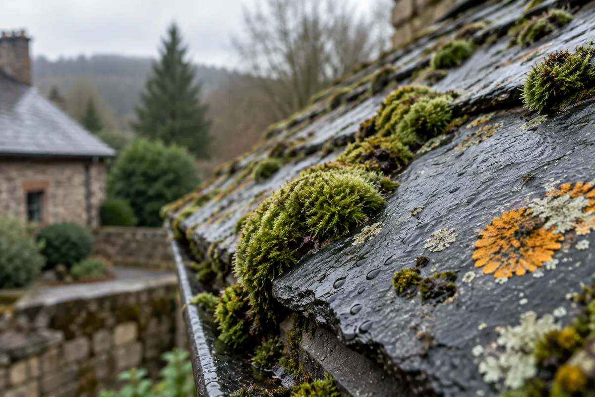 Ardoises couvertes de mousse et de lichen en gros plan