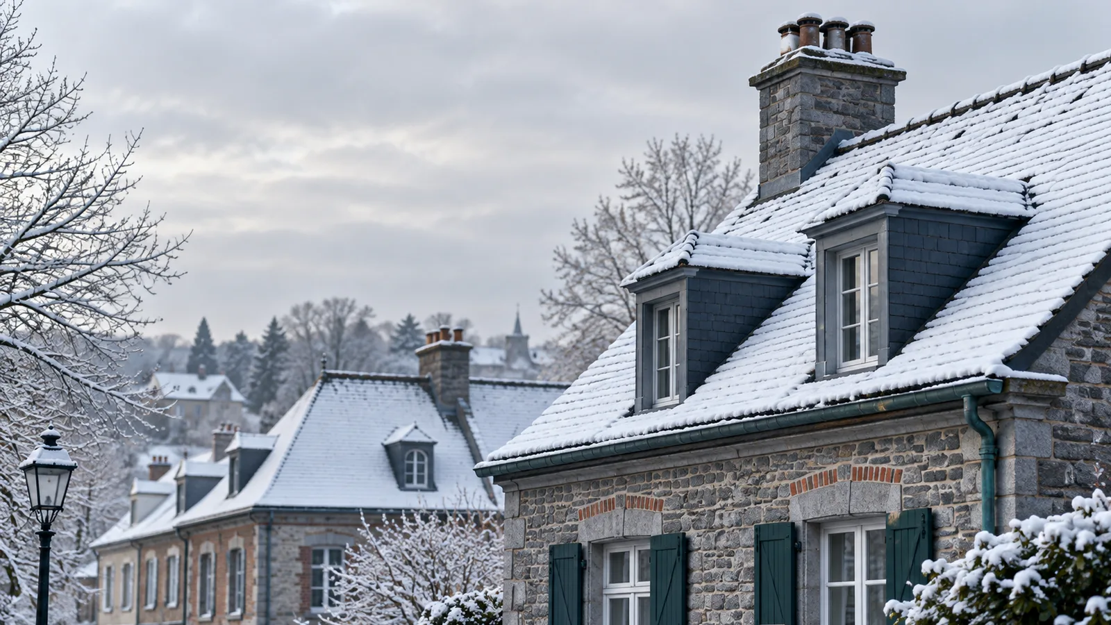 Toitures d'ardoises enneigées d'une rue calme en hiver