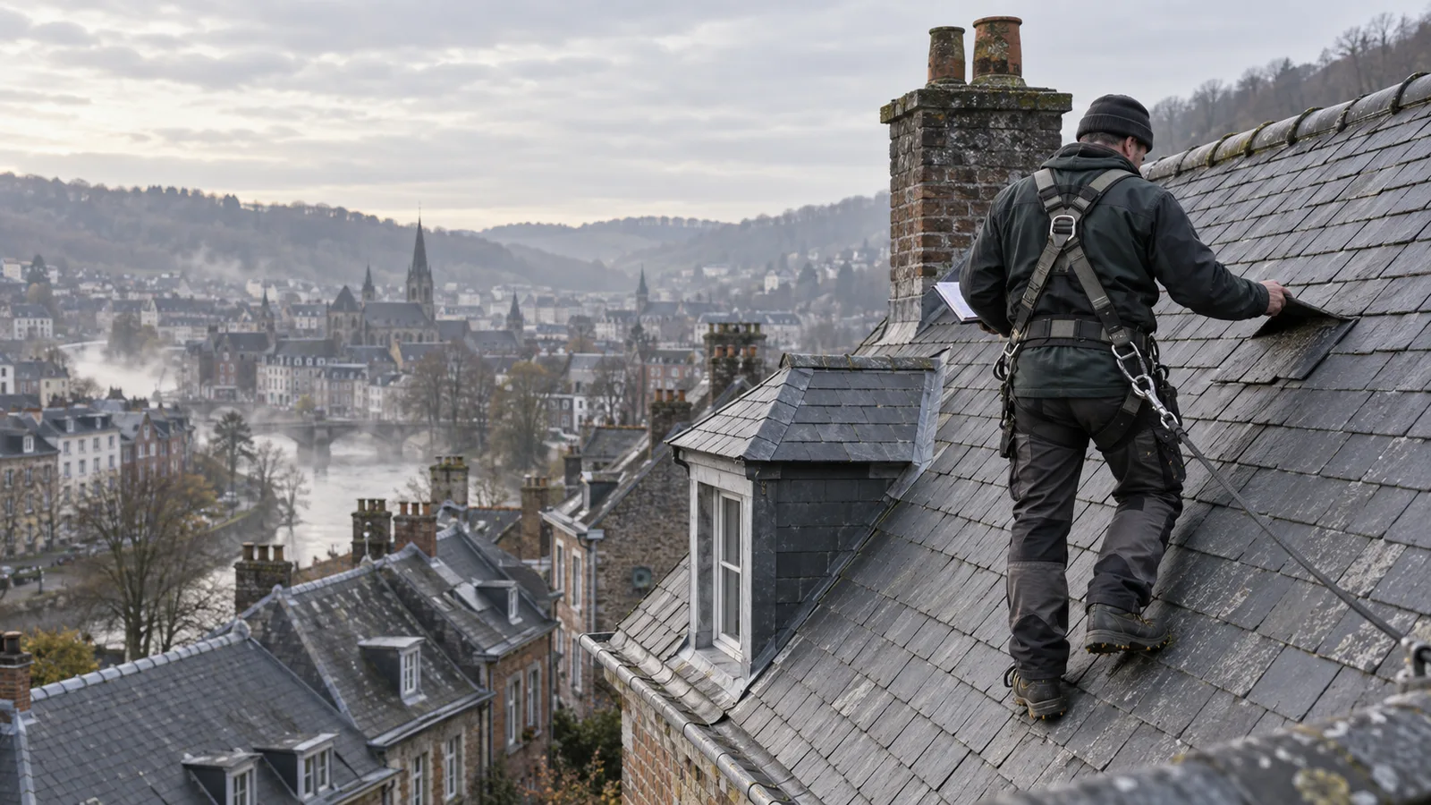 Couvreur de dos sur un versant d'ardoises, carnet de notes ouvert