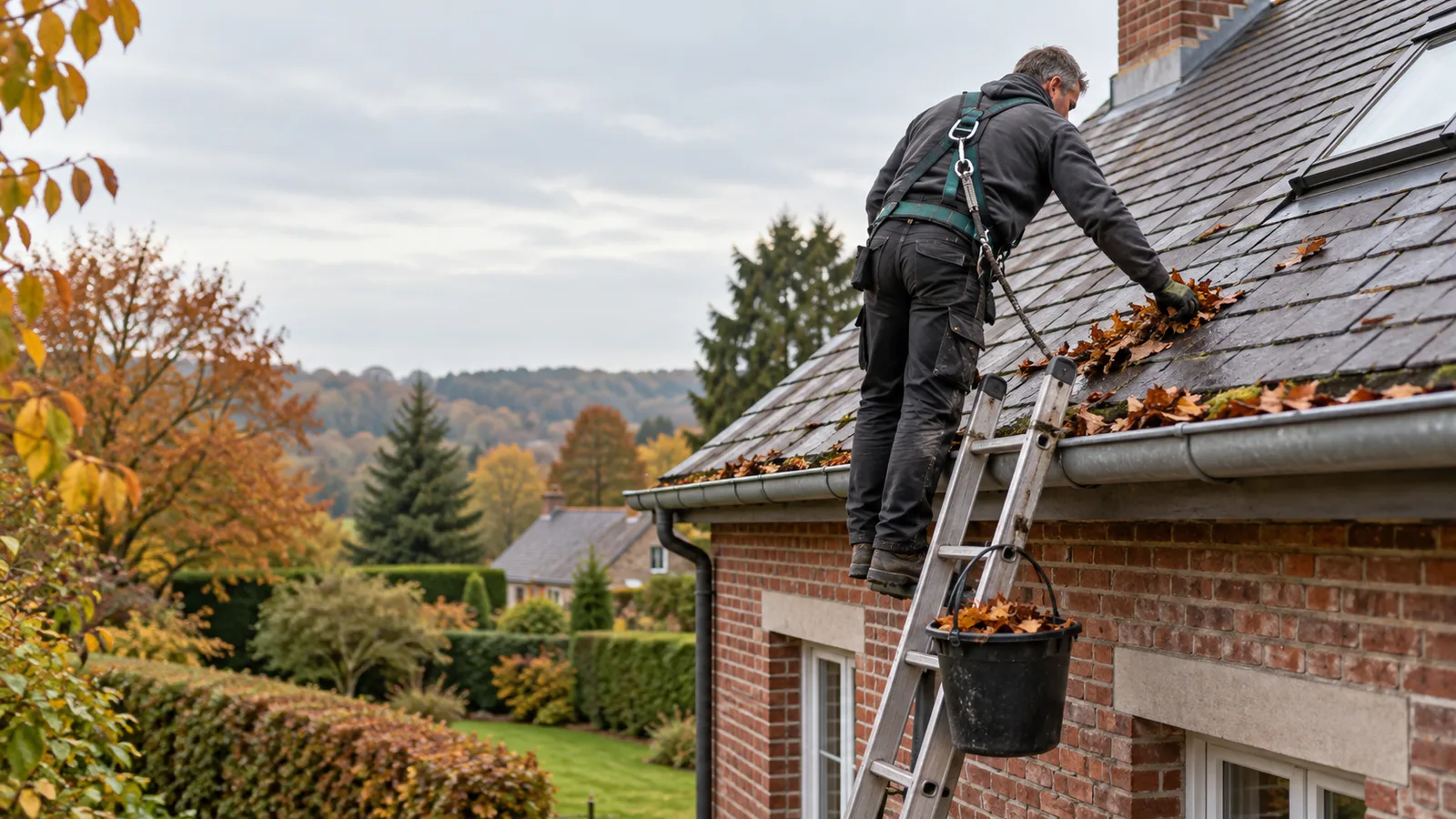 Couvreur harnaché ramassant des feuilles dans une gouttière