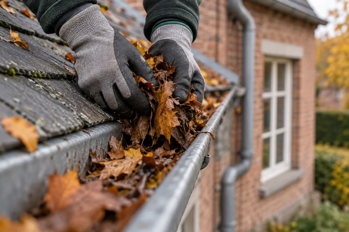 Mains gantées retirant les feuilles mortes d'une gouttière zinc
