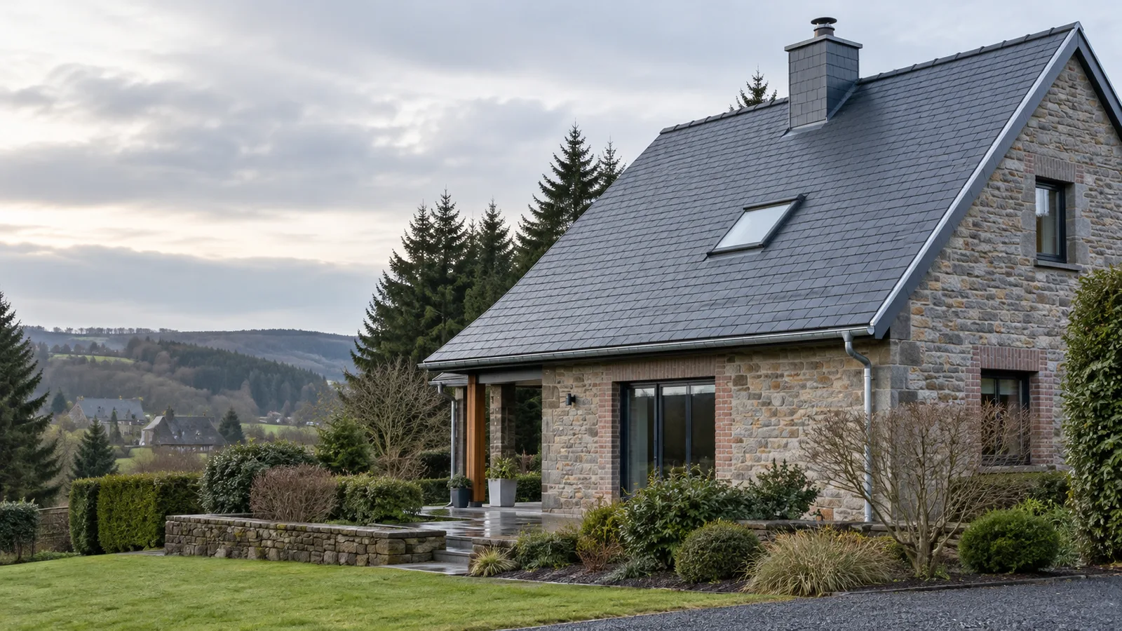 Maison ardennaise après rénovation de toiture : ardoises neuves et zinguerie neuve