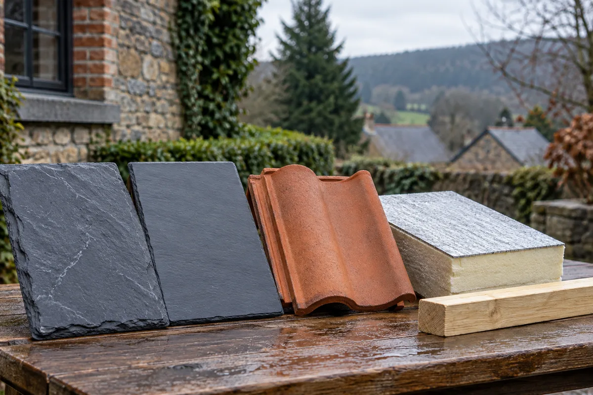 Échantillons de couverture alignés : ardoise naturelle, ardoise synthétique, tuile et panneau isolant