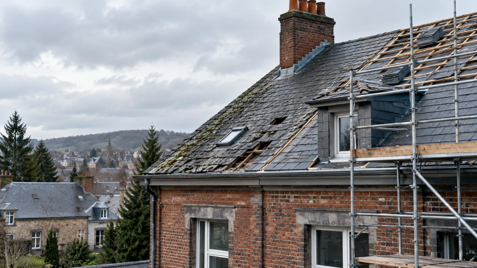 Toiture ancienne en ardoises avec un pan en cours de réfection, à Verviers