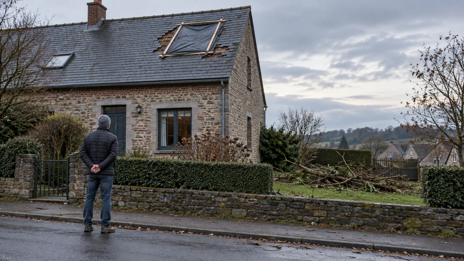 Homme observant depuis le trottoir sa toiture bâchée après une tempête