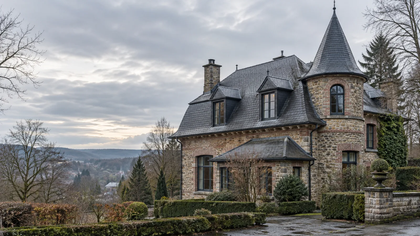 Toiture en ardoise naturelle d'une demeure ardennaise avec lucarnes et tourelle