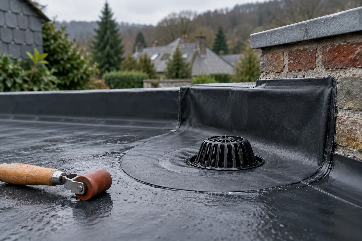 Raccord de membrane EPDM autour d'une évacuation d'eau