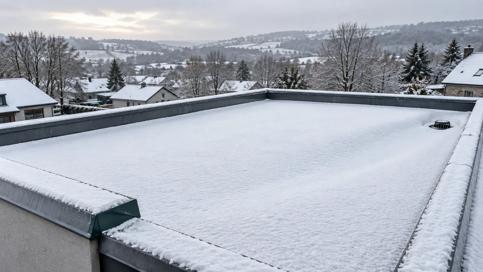 Toiture plate en membrane noire couverte d'une fine couche de neige