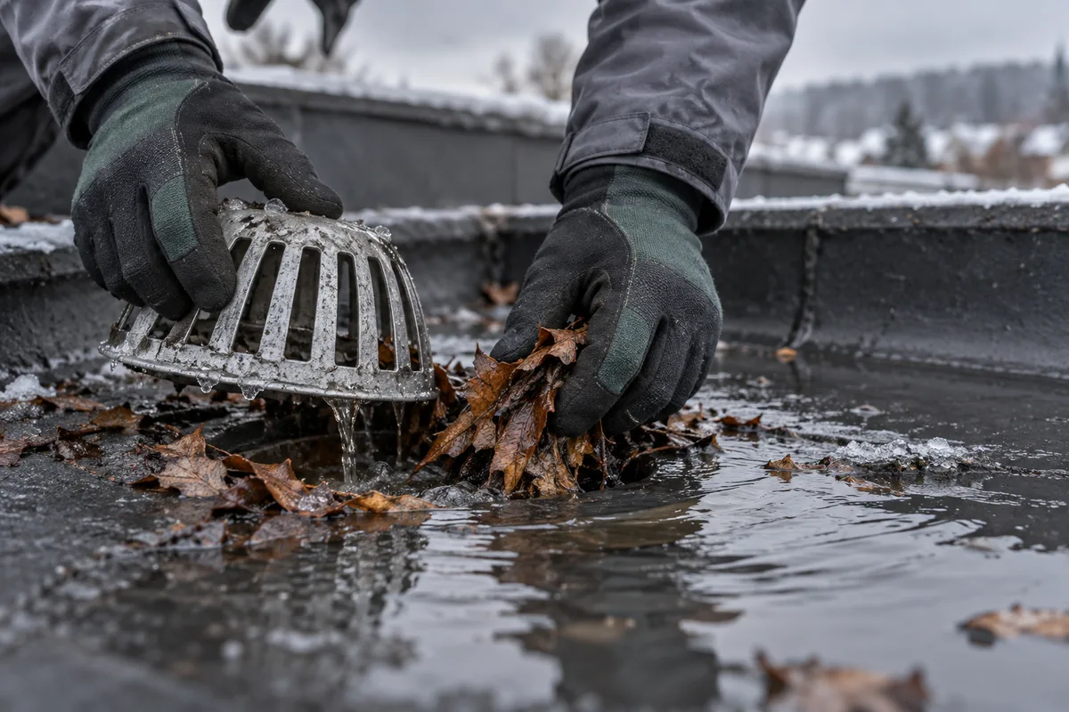 Mains dégageant les feuilles mortes d'une évacuation d'eau pluviale