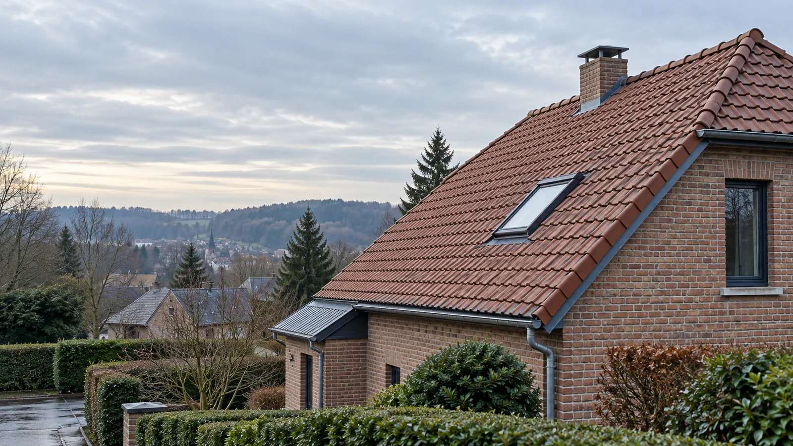 Toiture en tuiles de terre cuite d'une maison avec fenêtre de toit