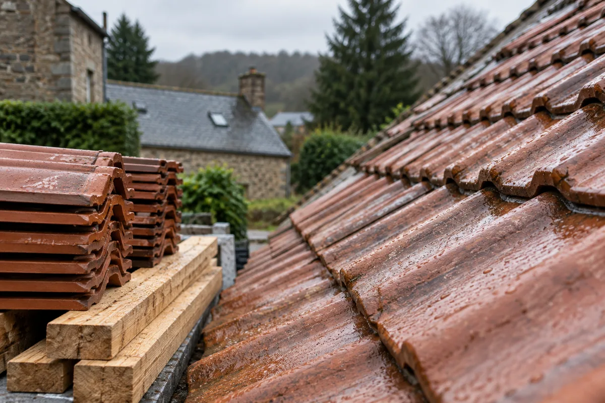 Tuiles de terre cuite en recouvrement et pile de tuiles neuves
